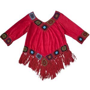 Women’s S/M Suede Crochet Granny Square Fringe BOHO Hippie Chic Festive Tunic